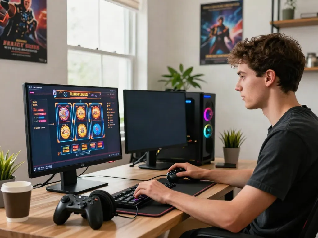 A young man playing akunjp casino games in a vibrant home office setup.