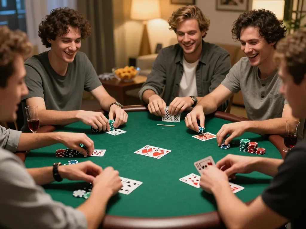 Sahabat menikmati permainan poker yang mendebarkan di rumah dengan strategi aman788, menangkap semangat dan kebersamaan.