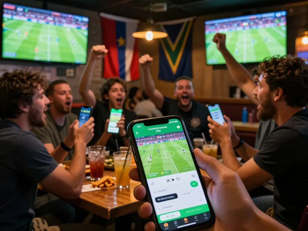 Engaged fans using smartphones for sports betting South Africa in a lively sports bar.