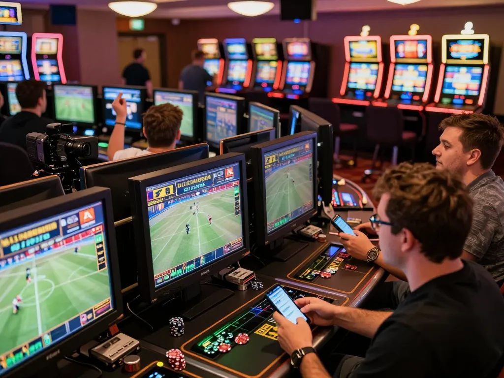 F168 bettors analyzing odds and placing wagers in a bustling casino sports betting area.