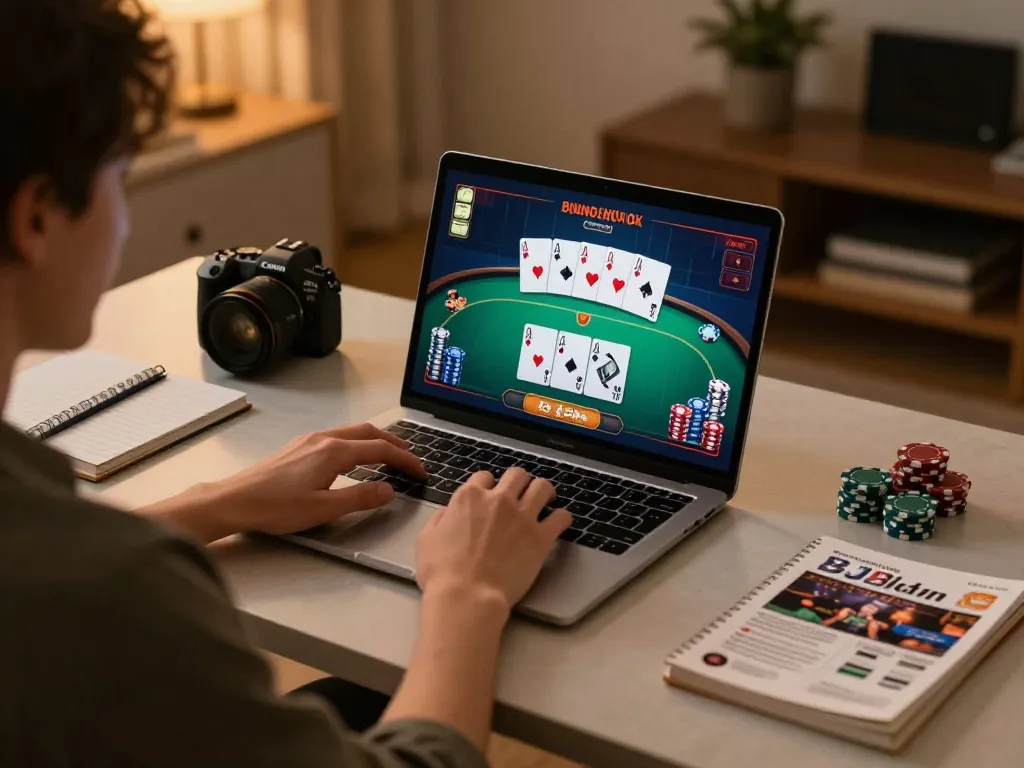 Engaged player enjoying online poker at BJ88 on laptop, focused and responsible gaming atmosphere