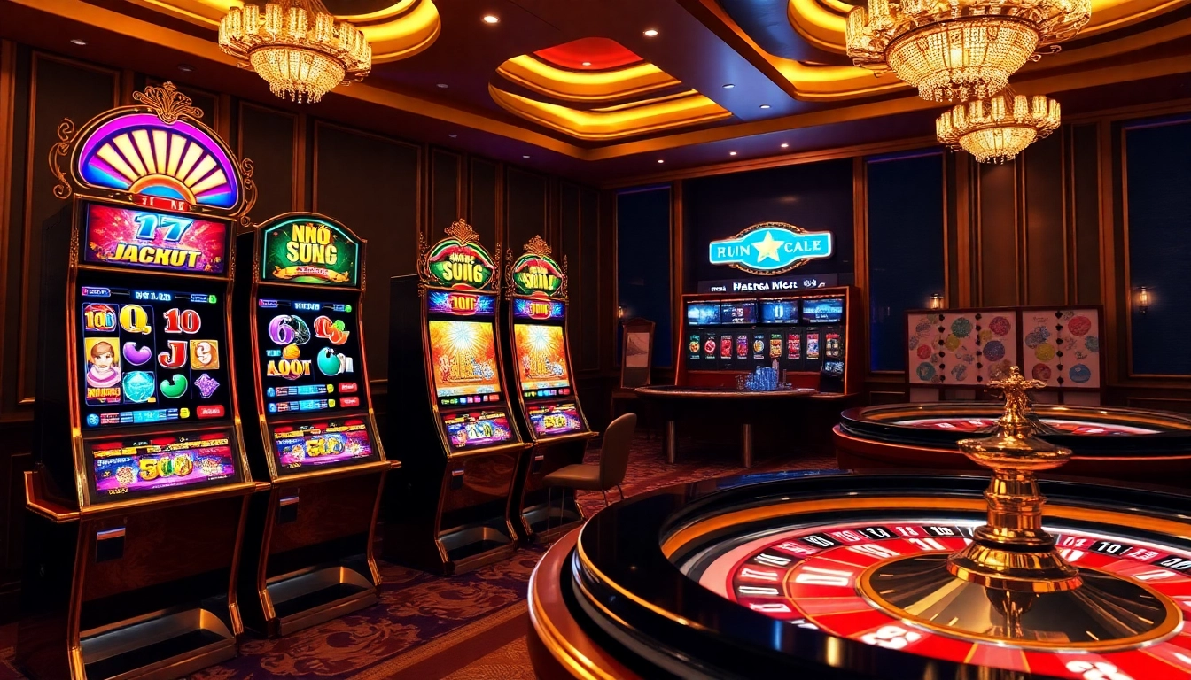 Nổ Hũ Đổi Thưởng slot game experience with dazzling machines and vibrant casino ambiance.