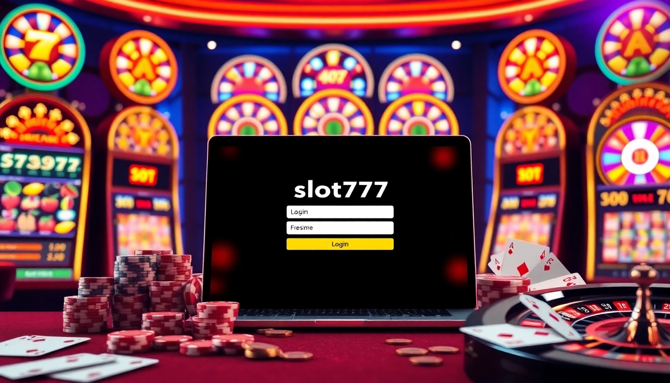 Experience the thrill of slot777 login with vibrant slot machines and casino ambiance.