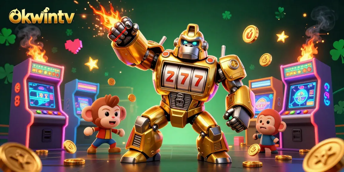 Watch as the okwintv golden gorilla mech strikes a triumphant pose in a dynamic gambling universe.