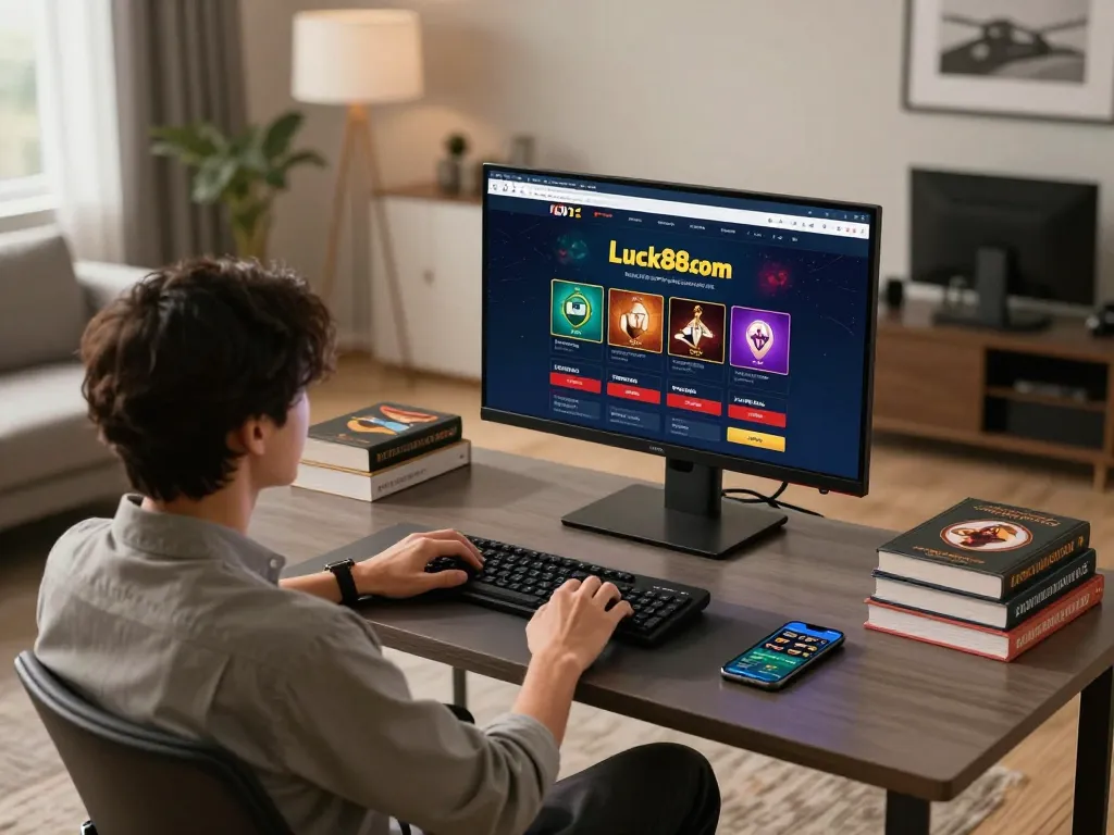 Engaging online gambling session at luck88com with modern gaming setup in cozy home