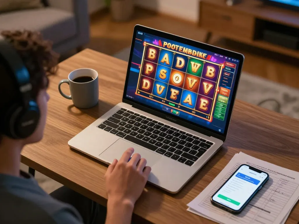 Pengalaman permainan online yang menarik dengan permainan slot dasi4d di laptop, menampilkan suasana yang nyaman