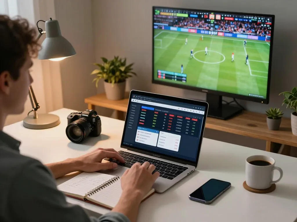 Person engaging in online sports betting with competitive odds on steaksnlobsters platform, showcasing a laptop and strategic notes.