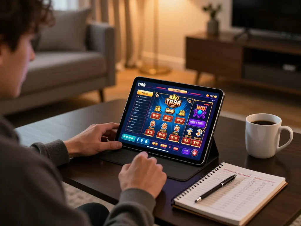 Player enjoying online casino gaming at tr88 on tablet in a cozy home environment