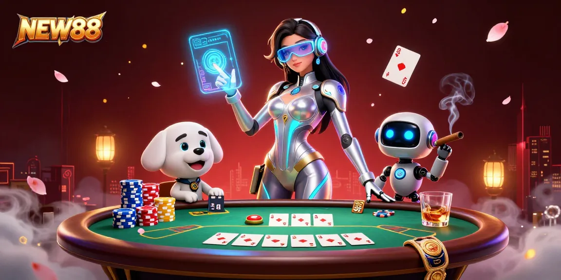 Engage in thrilling moments at NEW88 with a stunning futuristic scene featuring a woman and robot dog in a vibrant casino.