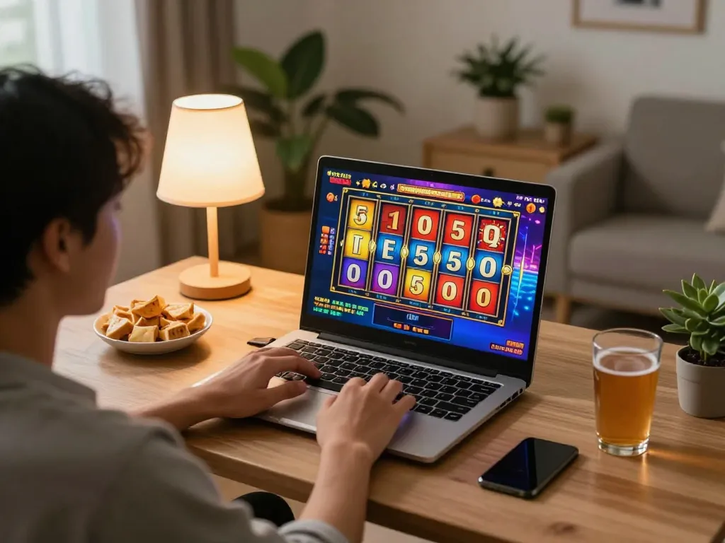 Engaged player spinning reels on situs slot gacor in a cozy home gaming setup.