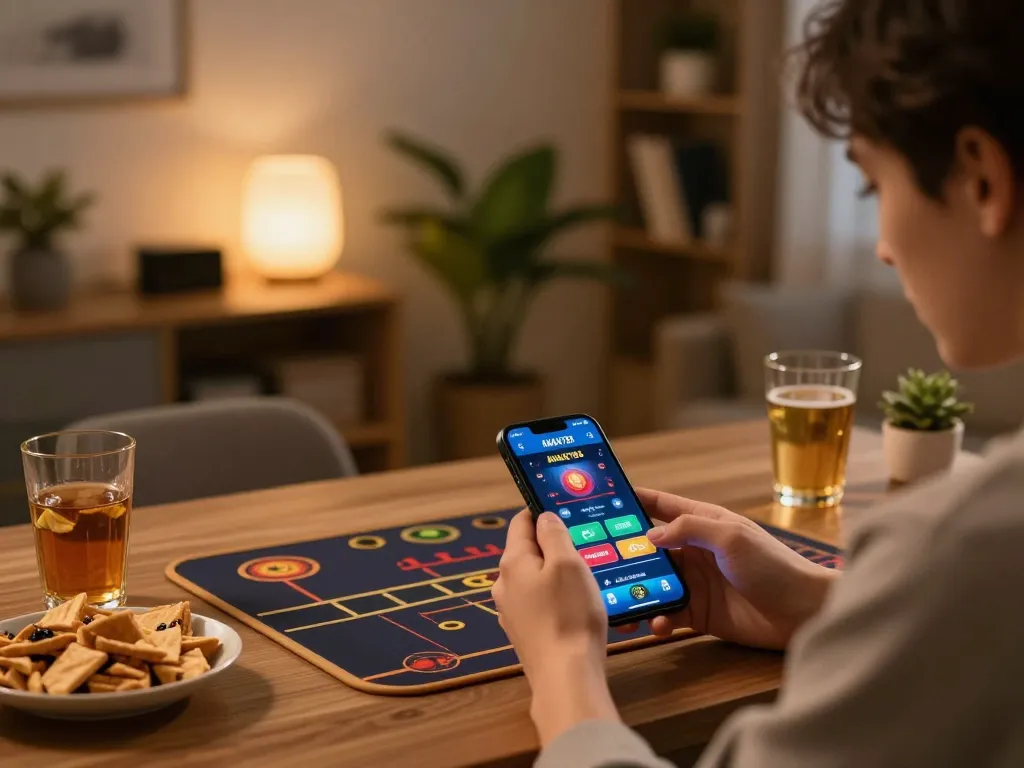 Terlibat dalam permainan online dengan aplikasi AMAN788 di smartphone, malam yang nyaman di rumah, menyoroti permainan strategis.