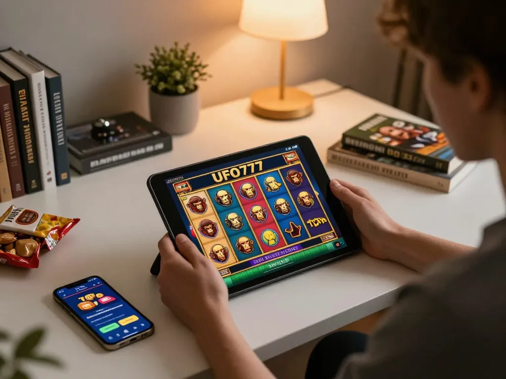 Engaging gameplay on UFO777 slot games displayed on tablet in a cozy home environment