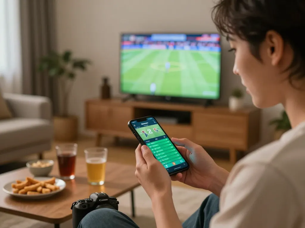 Engaged user placing bets on RR88 SELECT sports betting app in cozy home setting