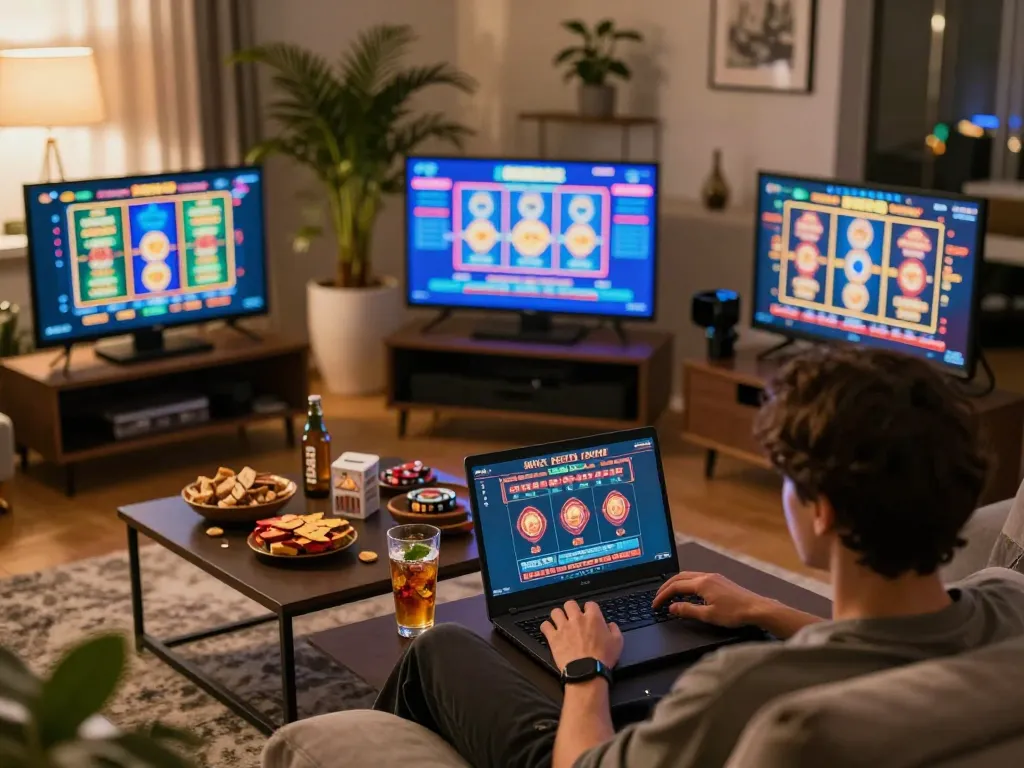 Engaging scene of a player using king33 on a laptop for exciting online casino gaming at home