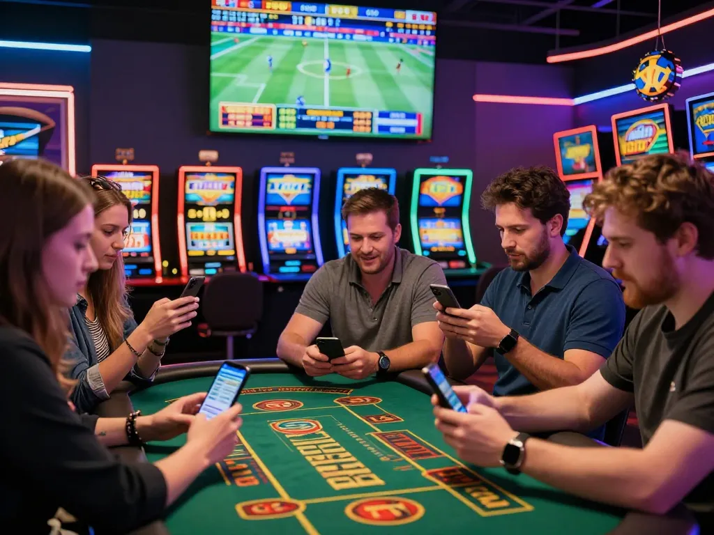 Dynamic gambling scene at trang chủ tv88 with players enjoying sports betting, casino tables, and lively atmosphere.