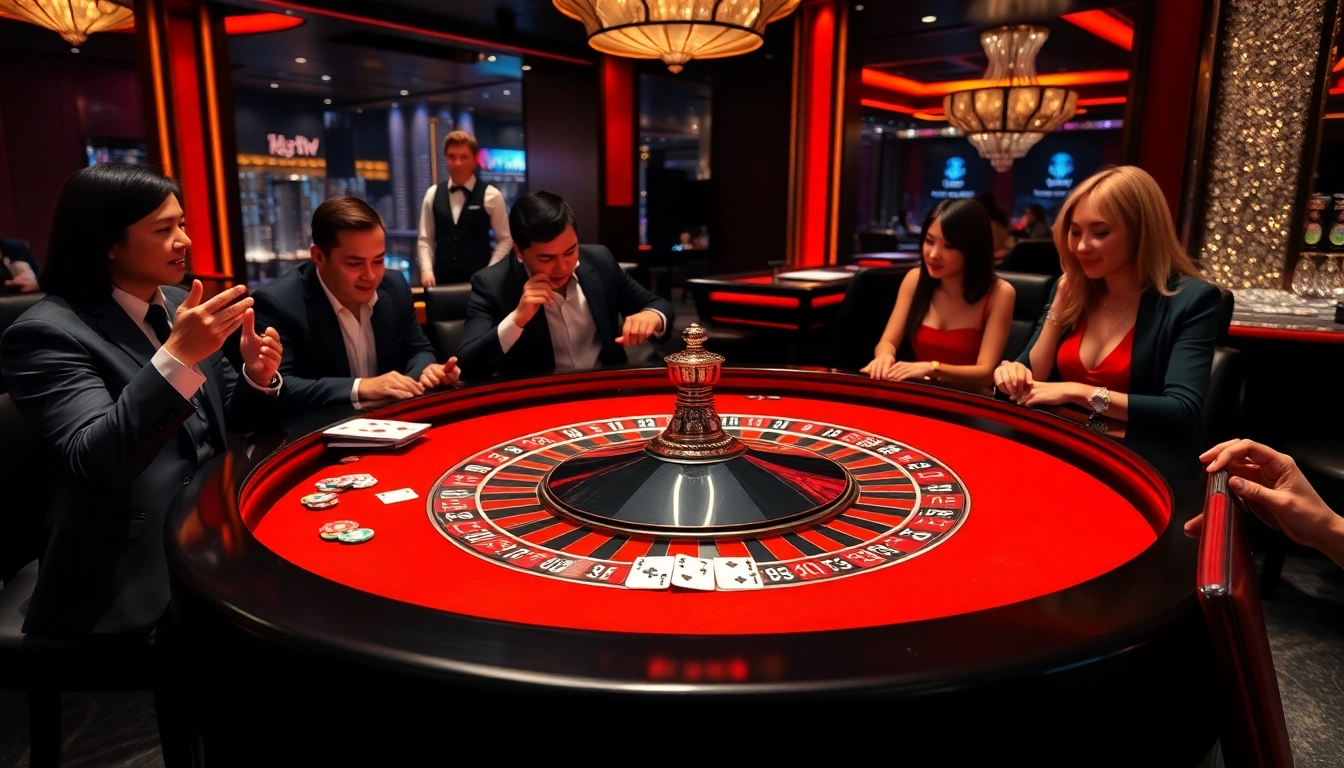SODO casino scene with players enjoying vibrant roulette, poker chips, and an urban backdrop.
