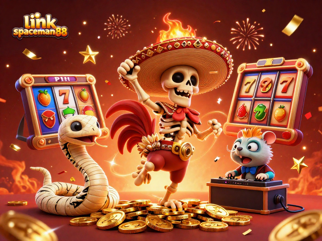 Spin and win with the vibrant scene showcasing link spaceman88, a lively casino environment filled with slot reels and game elements.