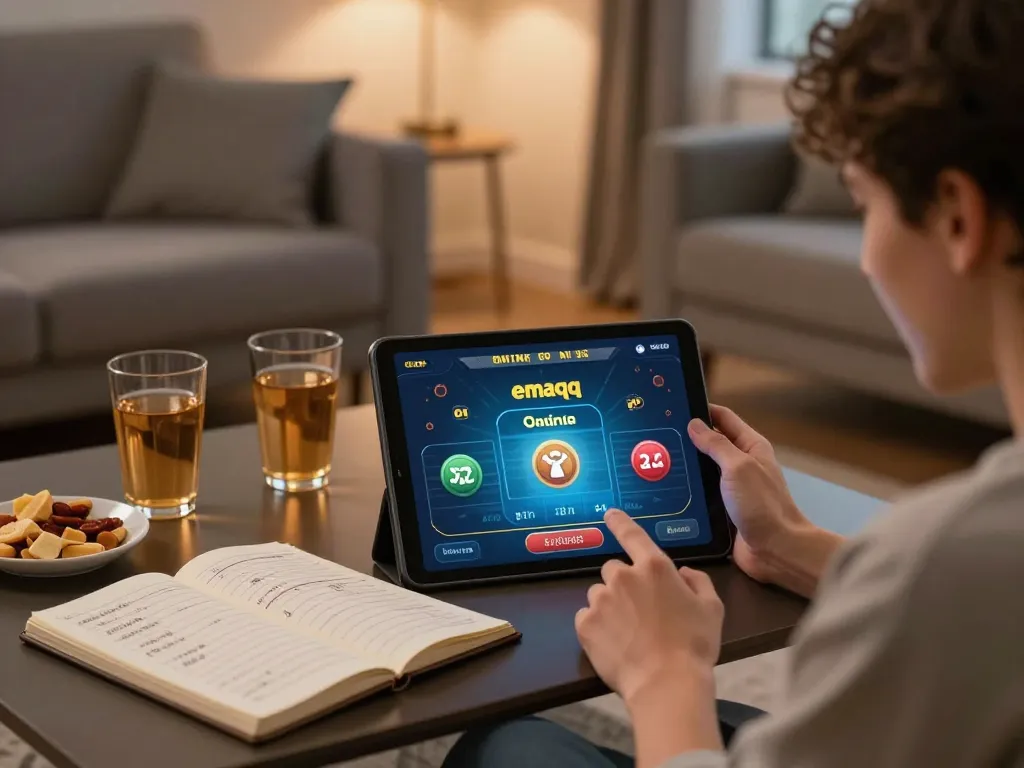 Sesi permainan online yang menarik dengan aplikasi emaqq di tablet dalam lingkungan rumah yang nyaman.