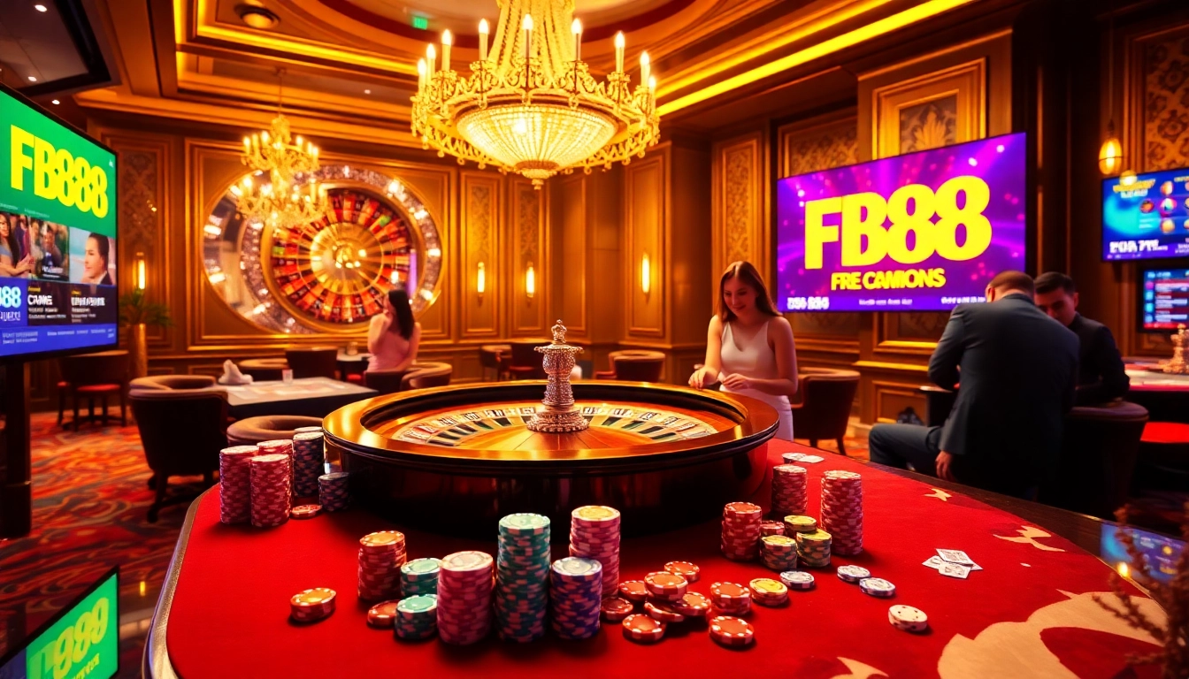 Experience the thrill of betting at FB88's vibrant casino tables, filled with excitement and luxurious decor.