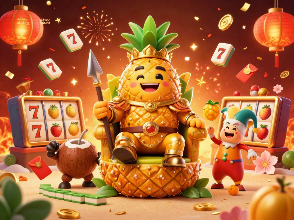 Situs slot gacor features a vibrant 3D scene with a golden pineapple king and festive casino elements.