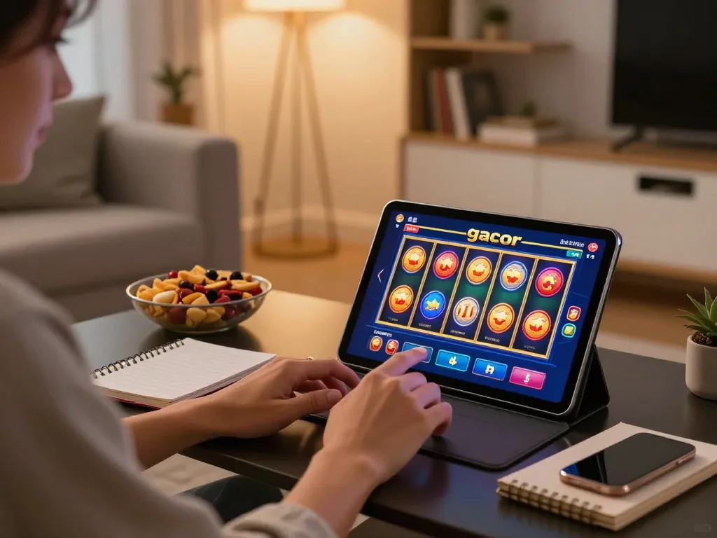 Engaging online gameplay on a tablet displaying link slot gacor interface in a cozy living room.