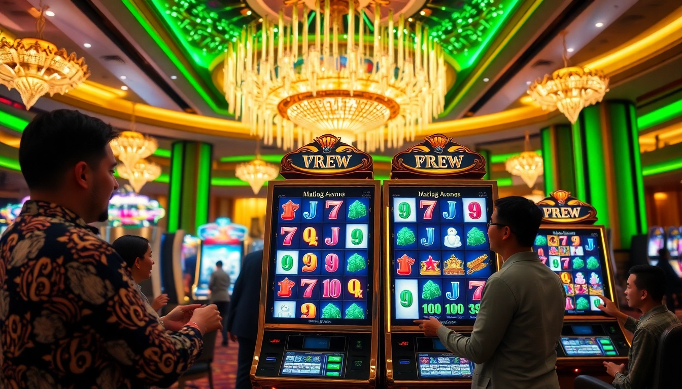 Exciting gameplay at a slot mahjong machine in a vibrant casino atmosphere.