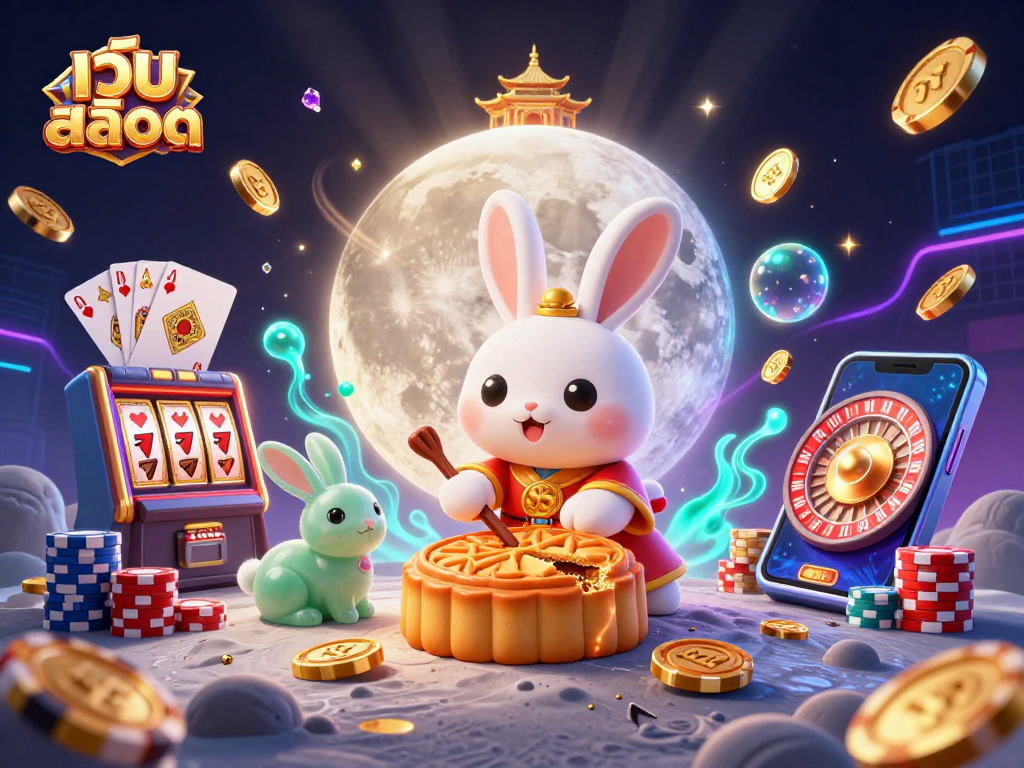 Win at เว็บสล็อต with immersive moon-themed casino experience featuring 3D characters, coins, and slots.