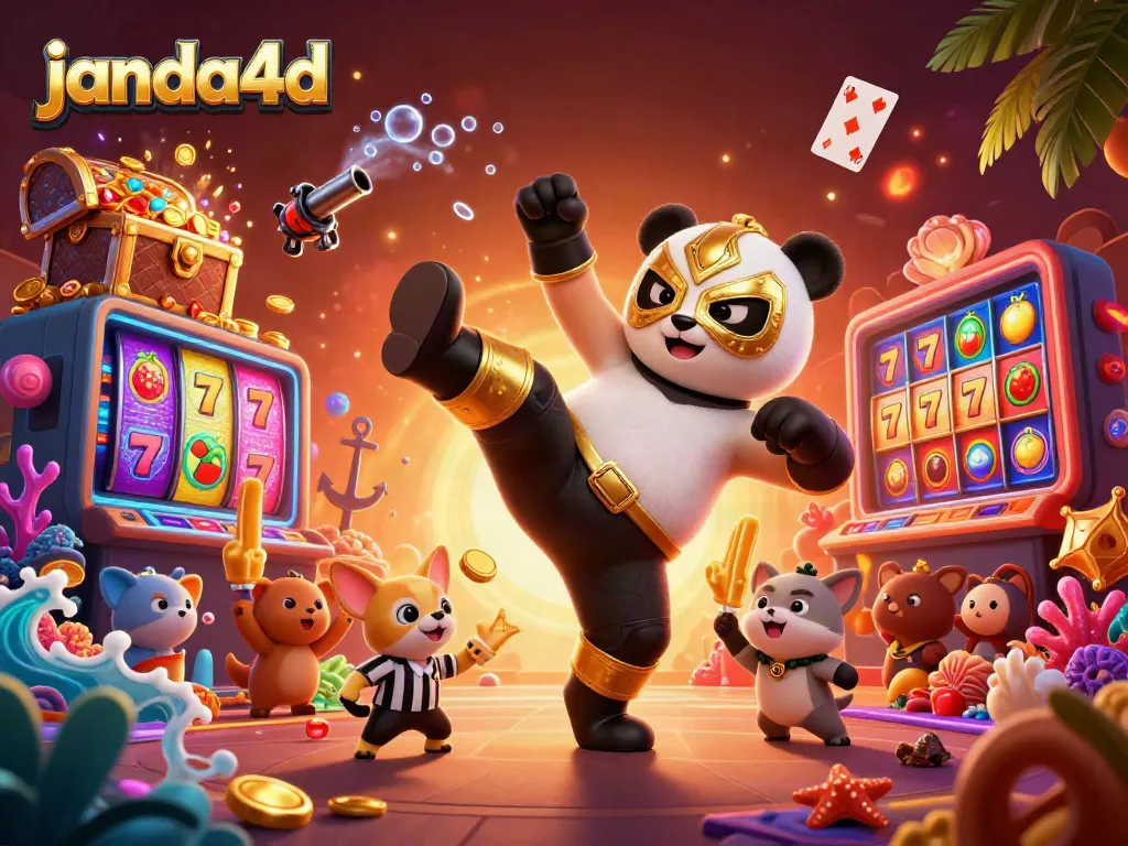Animasi 3D janda4d menampilkan panda petinju bertarung dengan simbol keberuntungan dalam suasana kasino.