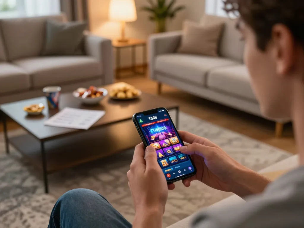 Engaged player using TG88 app on smartphone in cozy home setting, highlighting online gaming experience.