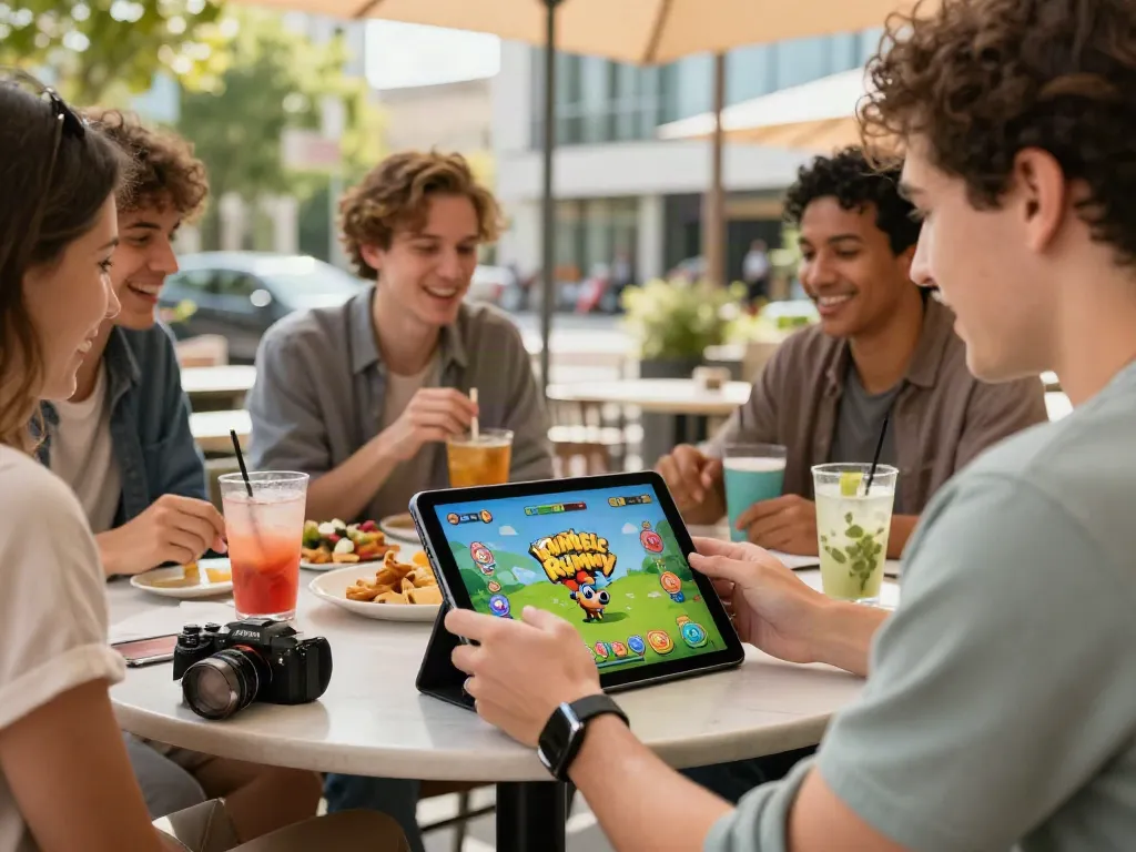 Excited friends playing Rumble Rummy app on a tablet at a café, enjoying lively gameplay.