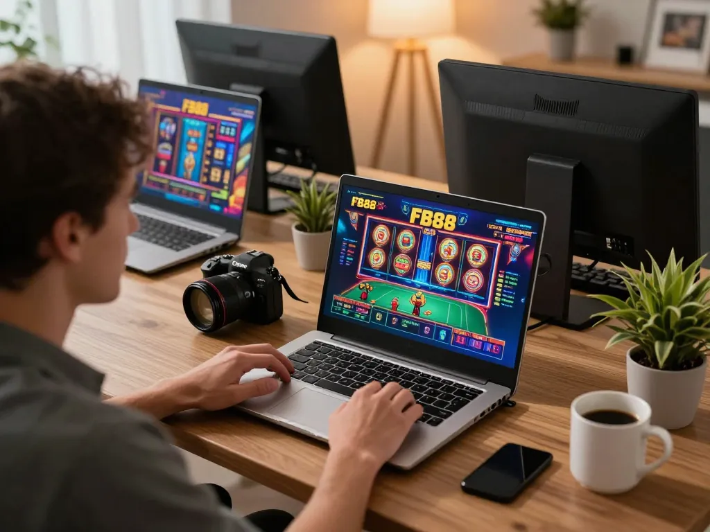 Player immersed in online gaming on FB88, showcasing vibrant slot graphics and strategic poker moments.