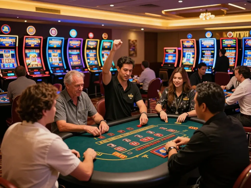 Celebrating a win at a lively 99Win casino with friends, showcasing the excitement of gaming.