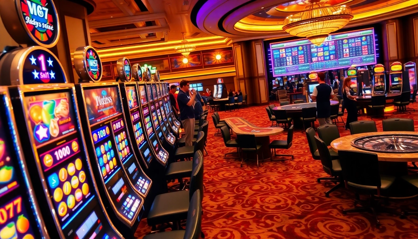Players enjoying exciting slot games in a luxurious casino atmosphere filled with vibrant slot machines.