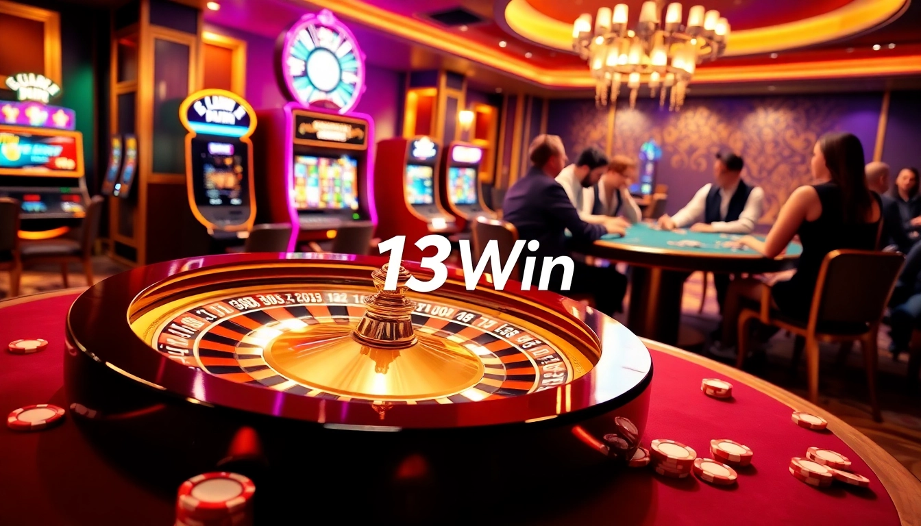 Players celebrating wins at 13Win's luxurious casino tables filled with vibrant games.
