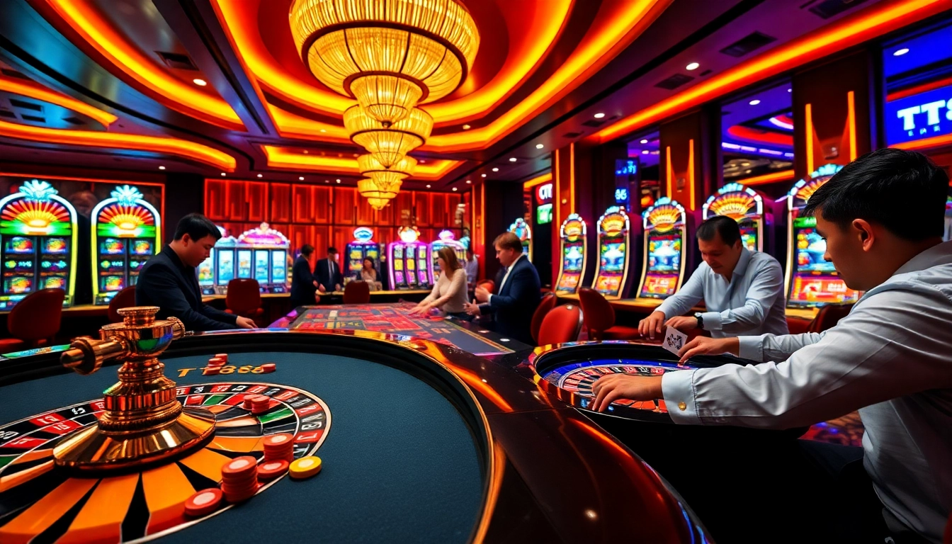 TT88 players engaged in thrilling casino gaming action with vibrant tables and slot machines.