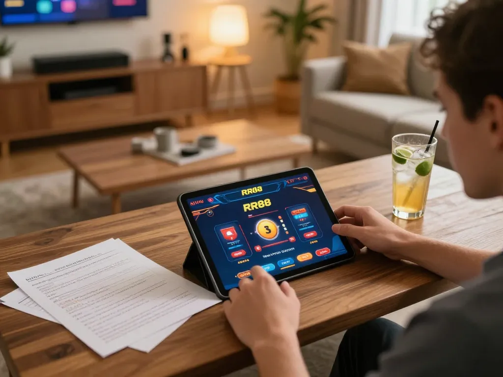 Player enjoying RR88 NAVY online gaming experience on a tablet at home, surrounded by strategy notes.