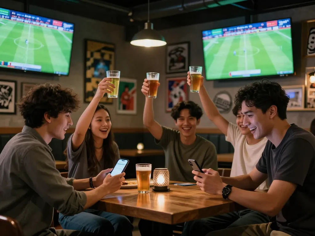 Kết quả bóng đá displayed on smartphone as friends celebrate in a lively sports bar.