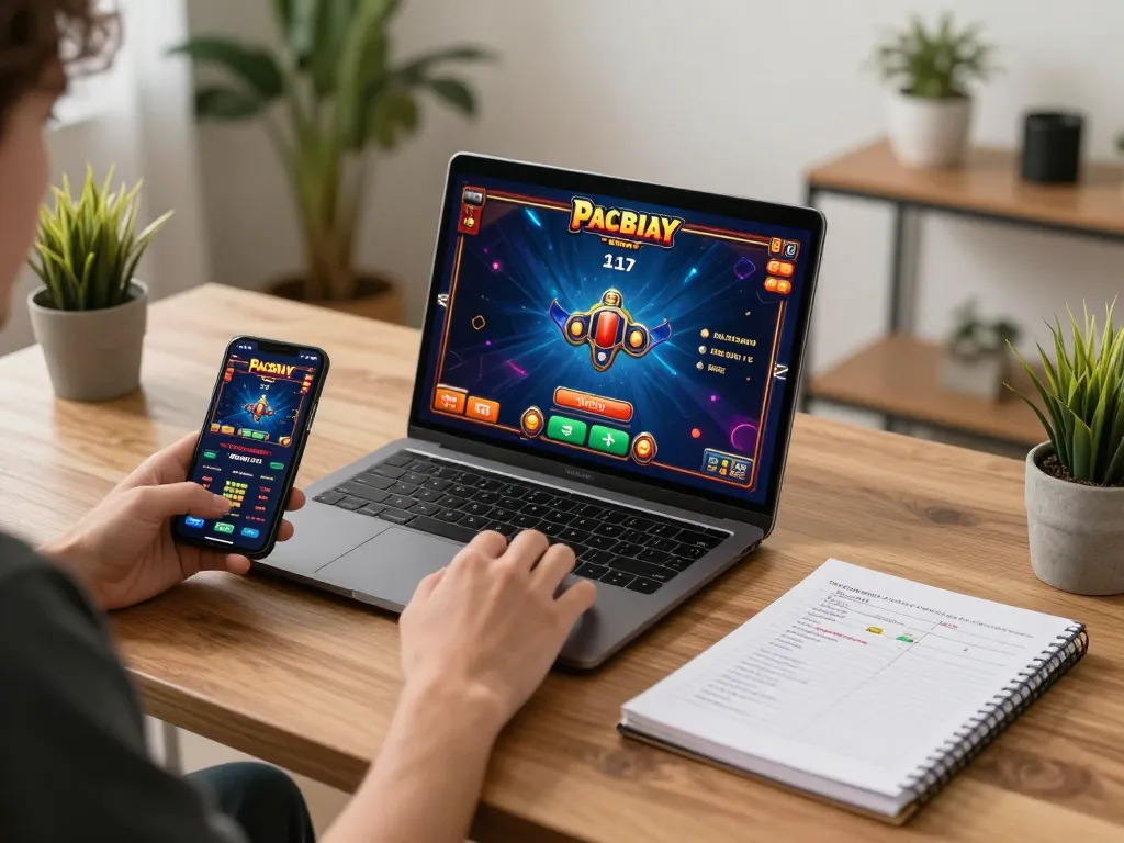 Player enjoying online casino games at https://gemwin.pics on a laptop while tracking strategies with notes.