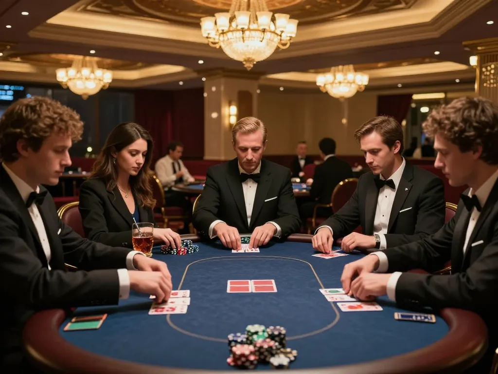 Engaged players strategizing at go8's luxurious poker table in a high-end casino.