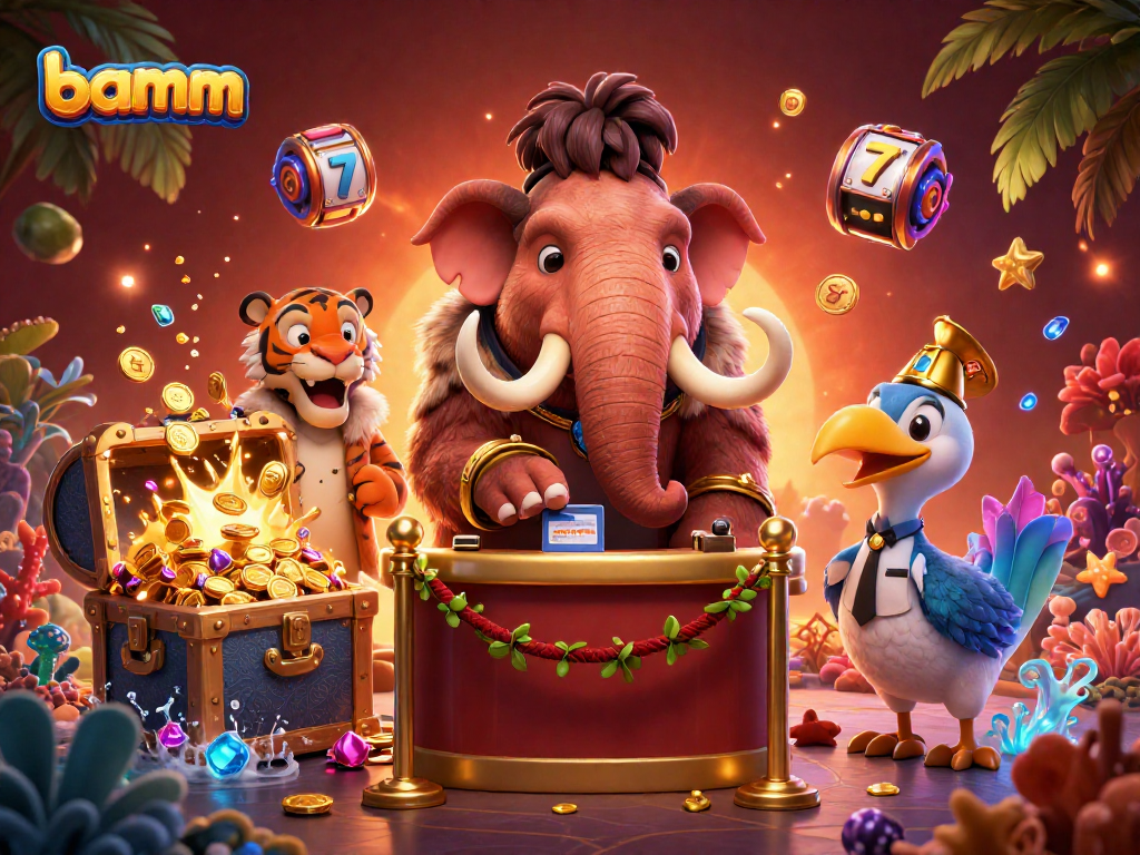 Engage in thrilling action at bamm's vibrant casino scene featuring a woolly mammoth bouncer checking IDs.