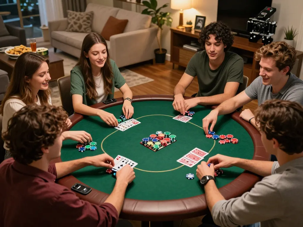 House friends enjoying poker night, showcasing an engaging table scene at nhà cái 388bet.