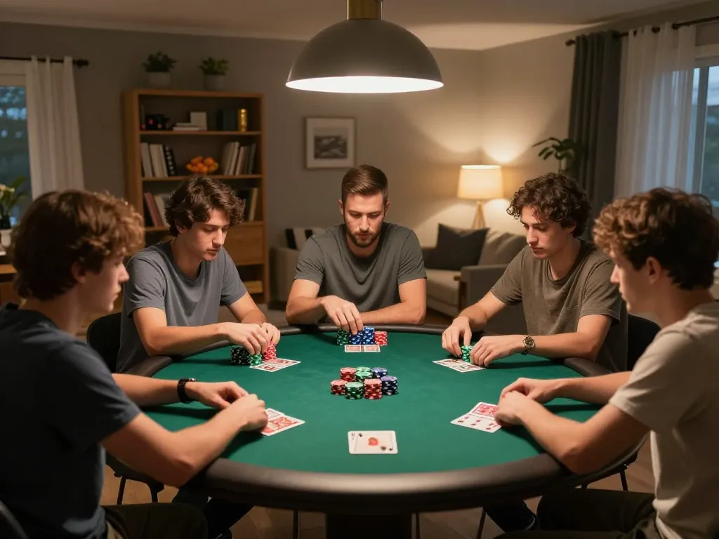 Engaged friends playing poker at home, focusing on strategy and enjoying the evening together, illustrating slot gacor excitement.