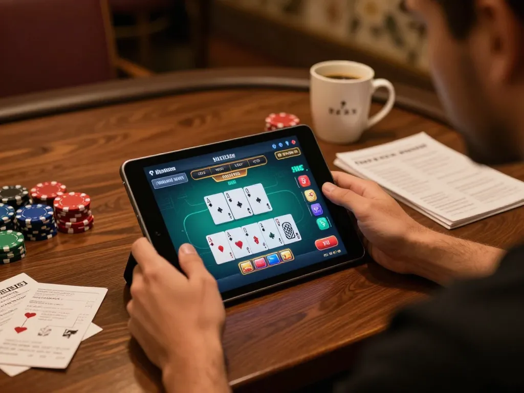 Engage with okfun using a tablet for online poker, capturing strategic gameplay.