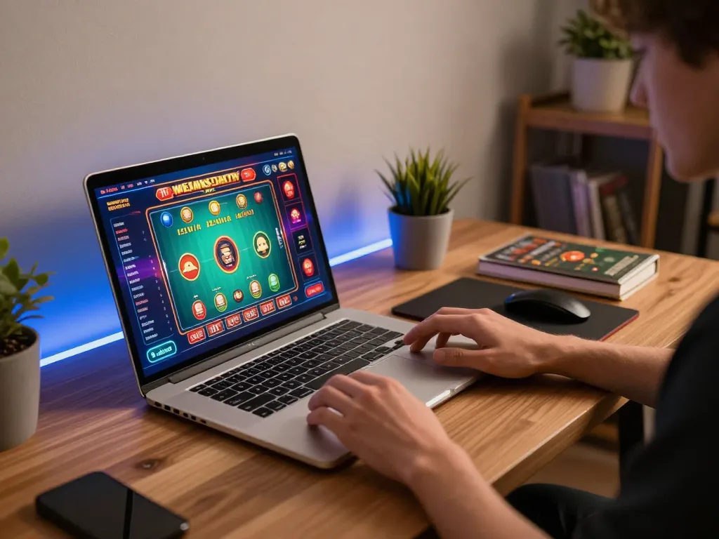 98win trang chu player engaging in online casino gaming at a cozy home setup