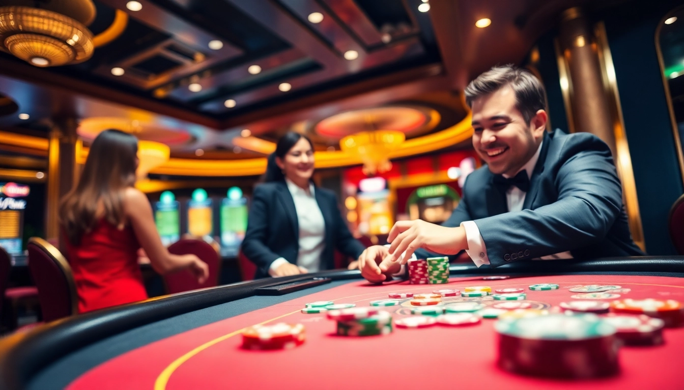 Situs toto dengan dealer kasino tersenyum di meja permainan yang ramai.