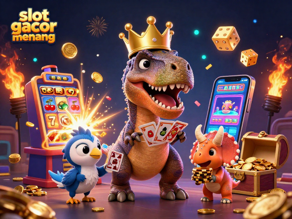 Experience thrilling wins at slot gacor gampang menang with a fun 3D casino scene featuring charming dinosaurs.