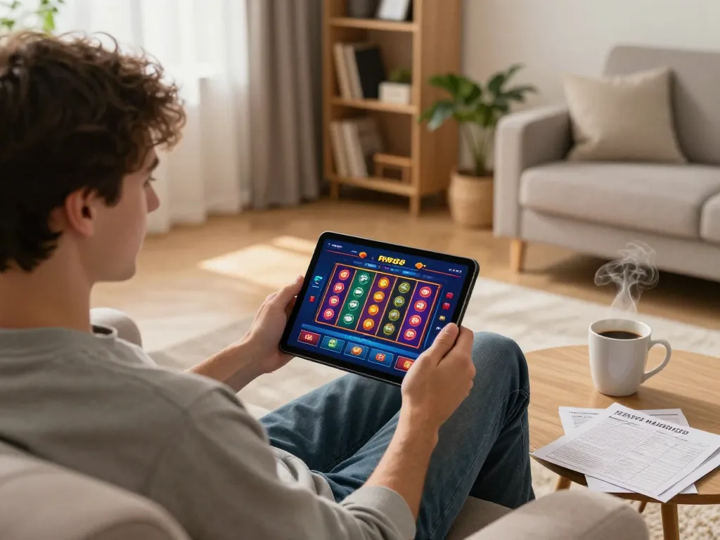 Playing RR88 online casino games on a tablet in a cozy home setting, emphasizing responsible gaming.