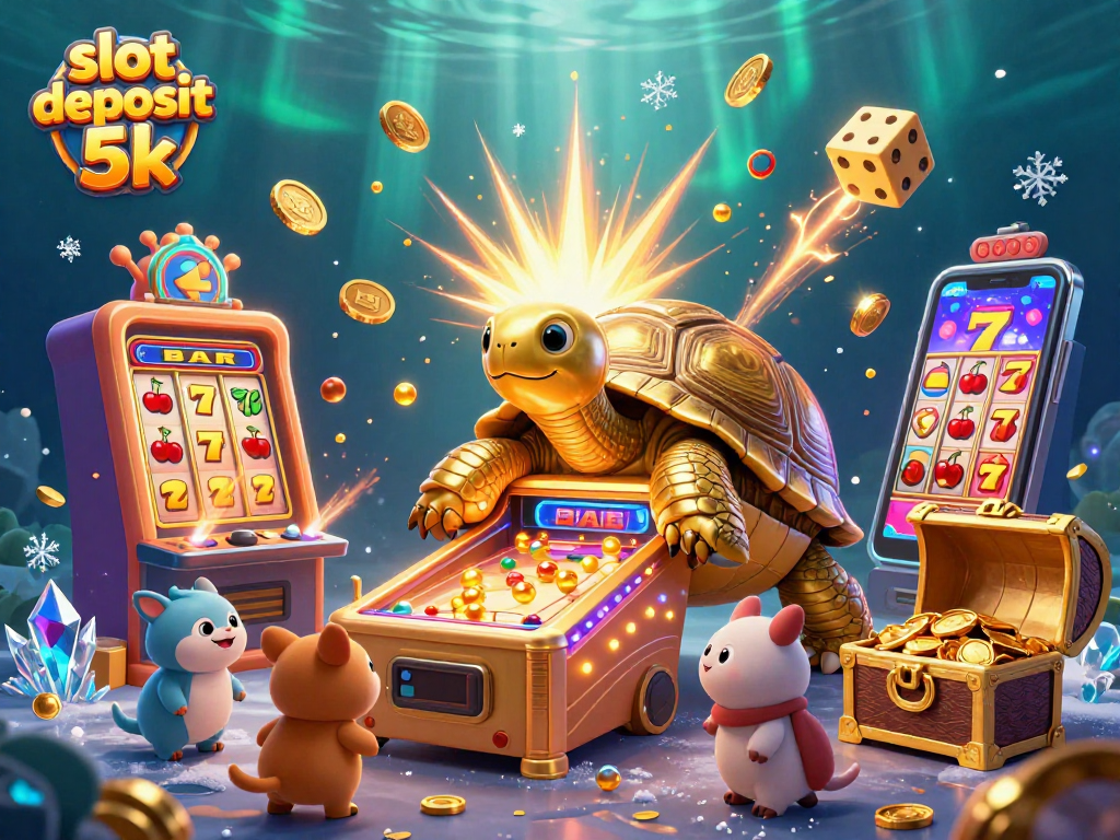 Engage with exciting slot deposit 5k gameplay as golden tortoise showcases a vibrant casino scene.