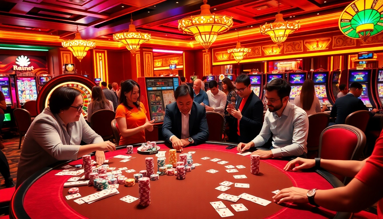 B52 casino players enjoying games with poker chips, cards, and vibrant slot machines.