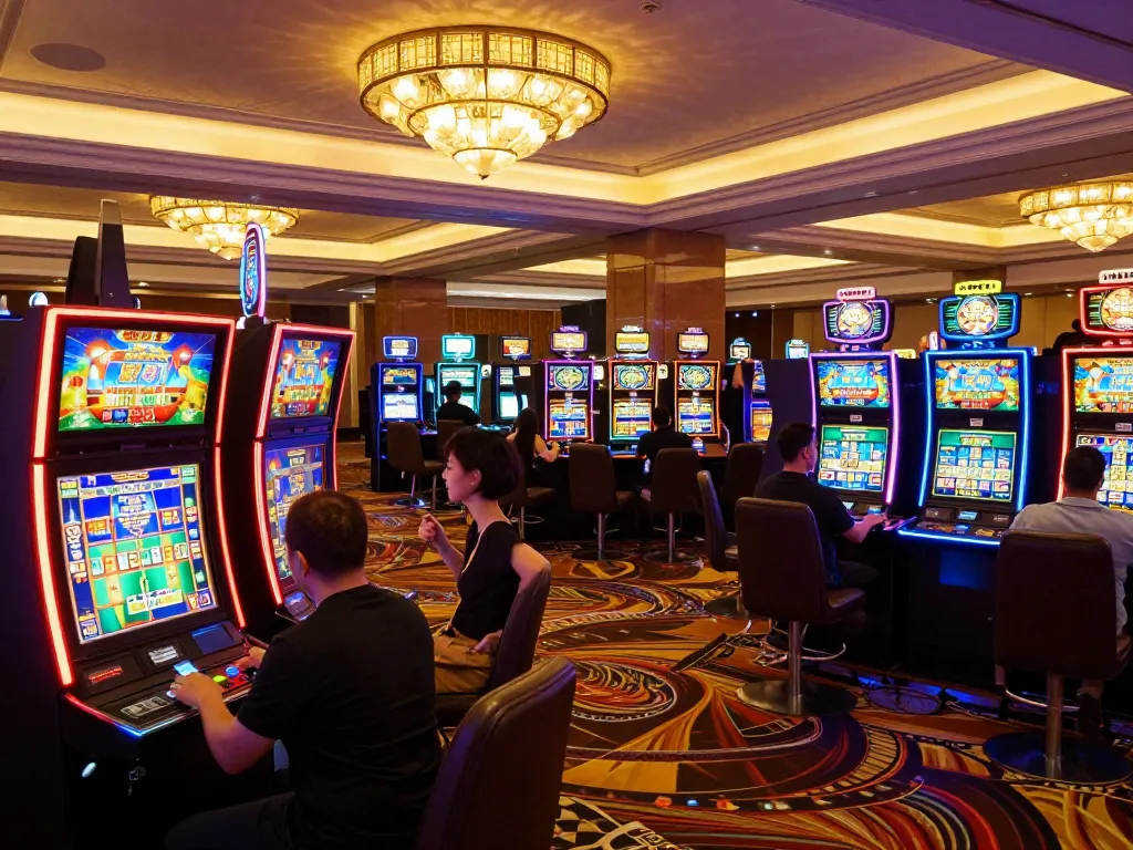 Experience thrilling gameplay with kp88 apk on bustling casino floor, vibrant slots and happy players.